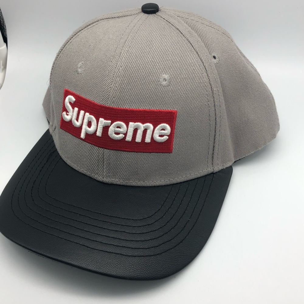 SUPREME Hat Baseball Cap Gray Fabric with Black Leather Red Logo